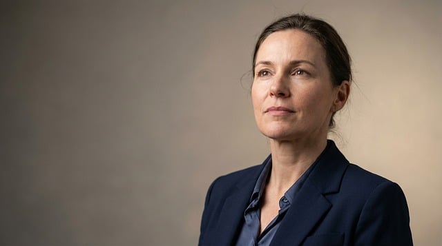 structured navy blazer with gold buttons on confident woman in modern city office setting, professional elegant styling, cinematic business fashion photography